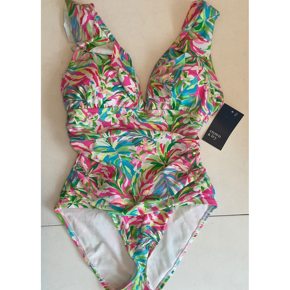 Crown & Ivy Women Pink Tropical Palm Ruffle One Piece Swimsuit BEDT25722 Size 10